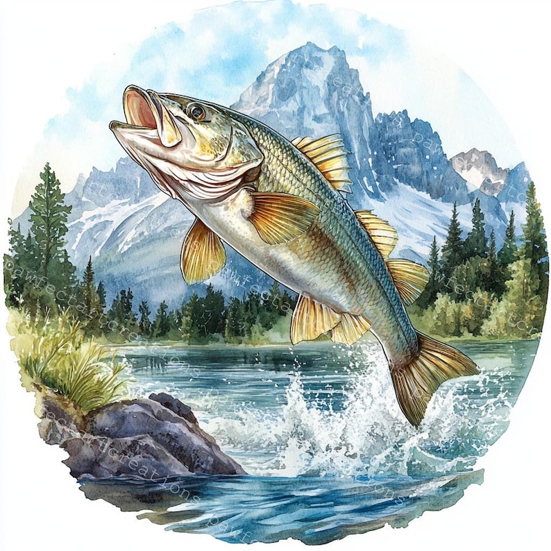 12 Jumping Bass Clipart, Fish Clipart, Smallmouth Bass Fish, Printable