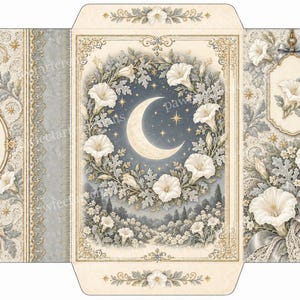 May include: A flat, unfolded paper envelope template featuring a central illustration of a crescent moon surrounded by white morning glory flowers and stars. The design includes intricate lace patterns, floral borders, and cream-colored accents.