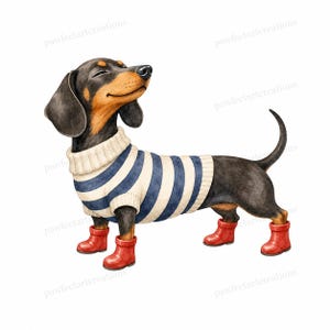 Könnte beinhalten: Aquarell-Illustration eines Dackelhundes mit blau-weiß gestreiftem Pullover und roten Stiefeln. Der Hund hat ein schwarz-braunes Fell und lächelt mit geschlossenen Augen. Das Bild hat einen skurrilen, cartoonartigen Stil.