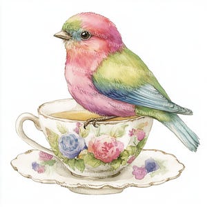 18 Clipart di uccelli e tazze da tè, uccellini carini, uccellini in tazze da tè, acquerelli stampabili, JPG di alta qualità, papercraft, diario di scarto