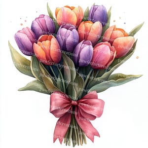 15 Tulip Bouquet Clipart, Flowers Clipart, Spring Tulips, Watercolor Wildflower, Printable Watercolor, High-Quality JPGs, Sublimation Design