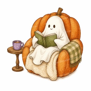 Peut inclure: Un personnage fantôme blanc est assis dans un grand fauteuil en forme de citrouille orange, lisant un livre vert. Une couverture crème et un plaid à carreaux verts sont posés sur le fauteuil. Une petite table en bois porte une tasse violette.