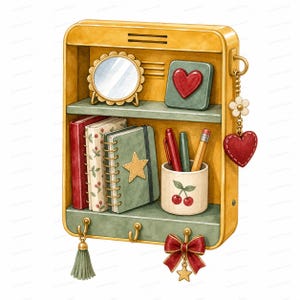 May include: A yellow wall-mounted locker shelf featuring two tiers. The top shelf holds a round scalloped mirror and a square heart-adorned plaque. The bottom shelf contains three notebooks, a pencil cup with cherry motifs, and pens. A heart charm and bow hang below.