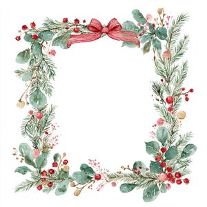 May include: Watercolor illustration of a square Christmas wreath. The wreath features green pine needles, eucalyptus leaves, red berries, and a red bow. Gold accents add a touch of sparkle to the festive design.