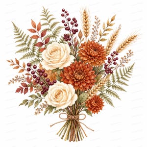 Pode incluir: Um buquê de flores com duas rosas cor de creme, duas dálias grandes cor de laranja ferrugem e uma dália menor. O arranjo inclui folhas de samambaia verdes, hastes de trigo dourado e ramos de bagas castanho-escuras, atados com um laço de corda.