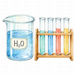 Könnte beinhalten: Ein durchsichtiges Glasbecherglas gefüllt mit blauer Flüssigkeit und einem Etikett mit der Aufschrift H2O, neben einem Holzständer mit vier Reagenzgläsern, die grüne, blaue, rote und gelbe Flüssigkeiten enthalten, im Aquarell-Illustrationsstil.