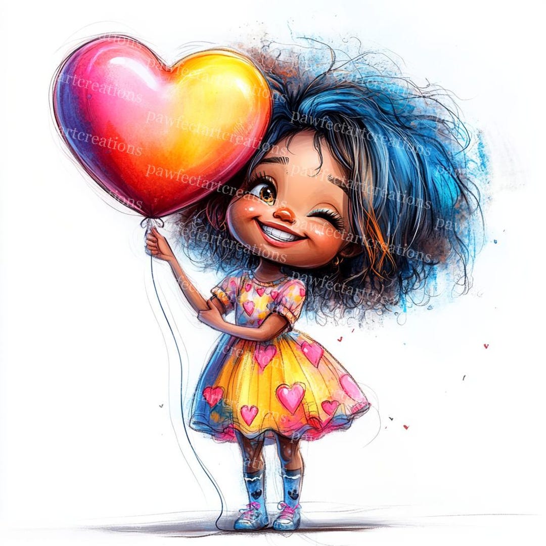 Girl Holding Heart Balloon Clipart: Watercolor Style (digital Download ...