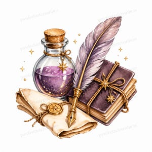 May include: Watercolor illustration of a fantasy writing set. Includes a glass bottle with purple liquid, a feather quill, a stack of books, and a rolled parchment tied with twine. Gold star charms and accents complete the design.
