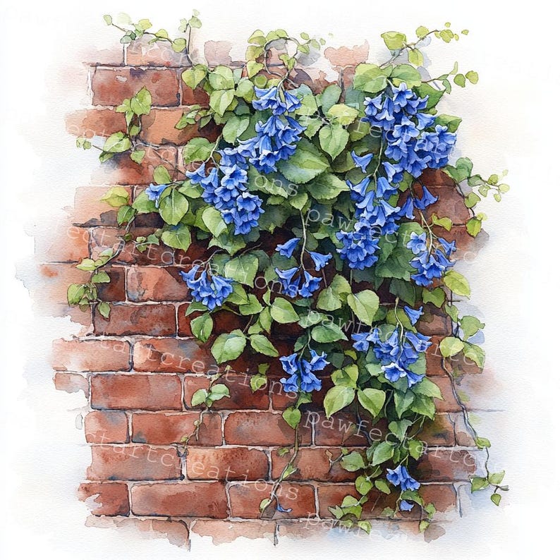 Pode incluir: Uma pintura em aquarela de uma parede de tijolos com uma videira de flores azuis crescendo nela.