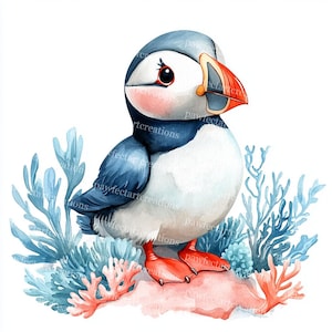 12 cliparts macareux dessin animé mignon, animaux de l'océan, clipart sous la mer, aquarelle imprimable, fichiers JPG de haute qualité, création de papier, journal indésirable