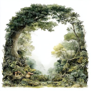 Könnte beinhalten: Aquarellmalerei einer üppigen Waldszene. Ein großer Baum wölbt sich über einen Pfad und bildet einen natürlichen Rahmen. Die Szene ist mit grünem Laub, Farnen und Pilzen gefüllt, mit einem nebligen Hintergrund. Das Kunstwerk hat eine weiche, verträumte Qualität.