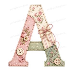 May include: A decorative letter A featuring a patchwork design with floral, polka dot, and striped patterns in shades of pink, cream, and sage green. The letter is embellished with two cream buttons, one pink button, a needle, and pink thread.