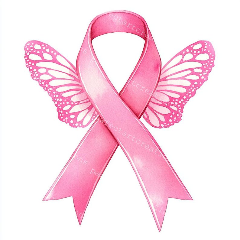 13 Pink Awareness Ribbon with butterfly wing Clipart, Breast Cancer Awareness, Printable Watercolor, High-Quality JPGs, Papercraft Junk Journal, Digital Craft