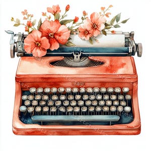 12 Vintage Floral Typewriter Clipart, Printable Watercolor, High-Quality JPGs, Papercraft, Junk Journal