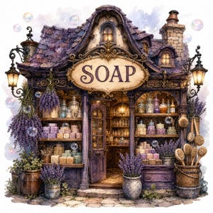 May include: Watercolor illustration of a soap shop with a sign that reads "SOAP". The shop has a purple tiled roof, ornate details, and shelves filled with soaps, bottles, and lavender. Lanterns and potted lavender plants flank the entrance.