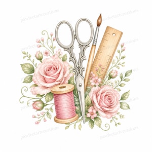 Op de afbeelding: Waterverfillustratie van naai- en kunstbenodigdheden. Met een sierlijke schaar, een houten liniaal, een penseel en een spoel roze garen, omringd door roze rozen en groen.