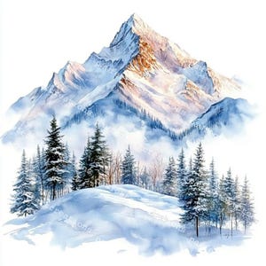May include: A watercolour painting of a snow-covered mountain range. The peaks are lit with a golden hue, and the slopes are covered in snow. Evergreen trees dot the foreground, creating a serene winter landscape.