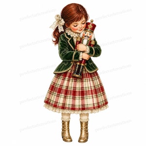 May include: A young person with auburn hair tied with a white lace bow, wearing a dark green velvet jacket with gold trim and a red, white, and green plaid skirt with lace trim. They are holding a red, green, and gold nutcracker doll.