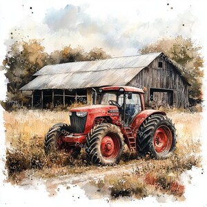 12 red Farm Tractor Clipart, Old Tractor Clipart, Printable Watercolor, High-Quality JPGs, Papercraft, Junk Journal, Digital Craft