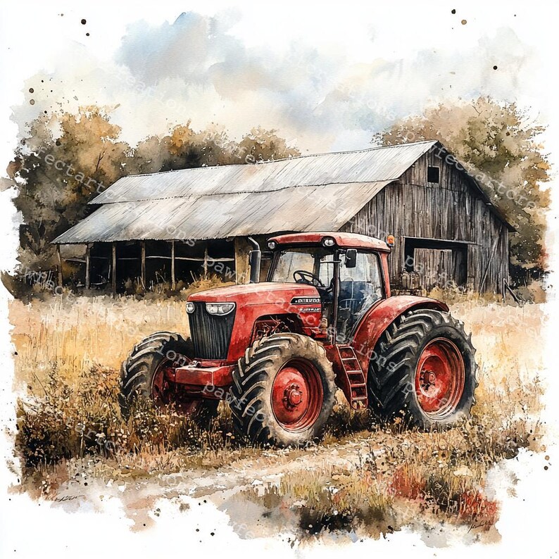 12 red Farm Tractor Clipart, Old Tractor Clipart, Printable Watercolor, High-Quality JPGs, Papercraft, Junk Journal, Digital Craft