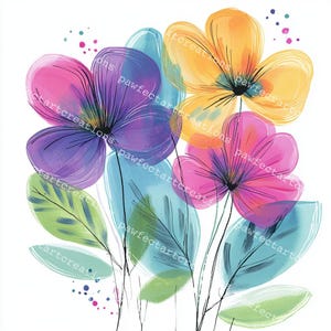 16 Pastels Abstract Flowers Clipart, Futuristic, Flowers Print, Printable Watercolor, High-Quality JPGs, Papercraft, Junk Journal