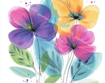 May include: Watercolor floral art print featuring four large flowers in shades of purple, pink, and yellow. The flowers have black outlines and are set against blue and green leaves. The background is white with colorful paint splatters.