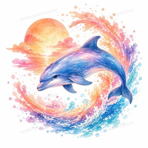 25 Sunset Dolphin Clipart, Cute Ocean Watercolor Art, Tropical Sea Life ...