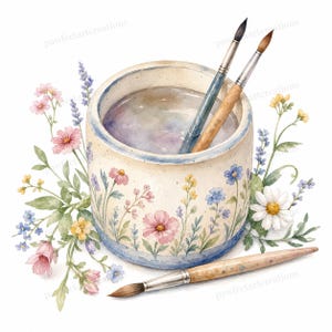 May include: Watercolor illustration of a ceramic water jar with two paintbrushes inside and one paintbrush outside. The jar is decorated with pink, blue, and yellow flowers. Green leaves and more flowers surround the jar, all on a white background.