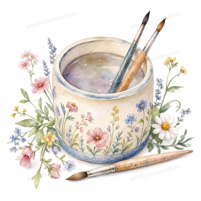 May include: Watercolor illustration of a ceramic water jar with two paintbrushes inside and one paintbrush outside. The jar is decorated with pink, blue, and yellow flowers. Green leaves and more flowers surround the jar, all on a white background.