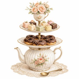 Puede incluir: Un soporte de tres niveles con una tetera en la base, un plato central con donas glaseadas de chocolate y un plato superior con pastelitos cuadrados, decorados con motivos florales y coronados por una taza con rosas rosadas.