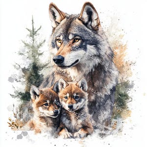 May include: A watercolor painting of a wolf and two wolf pups. The wolf is gray and brown with yellow eyes. The pups are brown and white. The background is a watercolor wash of blue and green.
