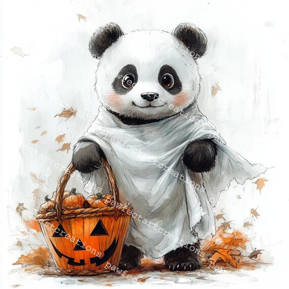 Halloween Panda Clipart: Pumpkin Witch Watercolor (digital