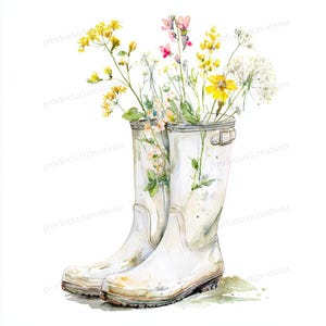 Puede incluir: Pintura a la acuarela de botas de lluvia blancas llenas de flores silvestres. Las botas tienen un detalle de hebilla y están ligeramente desgastadas. Las flores incluyen flores amarillas, rosas y blancas, con follaje verde. La obra de arte tiene un estilo suave y artístico.