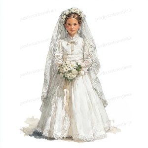 May include: Watercolor illustration of a young person in a white dress, veil, and floral crown. The dress has long sleeves and lace details. The person holds a bouquet of white flowers with a ribbon.
