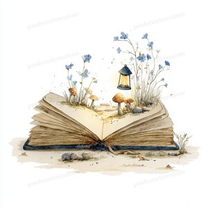 May include: Watercolor illustration of an open book with a whimsical scene inside. The scene includes mushrooms, blue flowers, grass, and a lantern. The book has a blue cover and is set on a sandy surface.