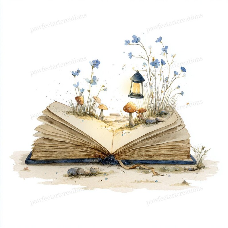 May include: Watercolor illustration of an open book with a whimsical scene inside. The scene includes mushrooms, blue flowers, grass, and a lantern. The book has a blue cover and is set on a sandy surface.