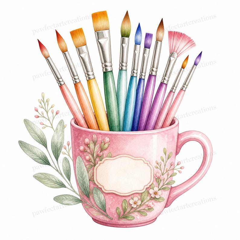 May include: Watercolor illustration of a pink mug filled with colorful paintbrushes. The mug is decorated with floral designs and a blank label. Green leaves and small flowers surround the mug, creating a whimsical art-themed image.