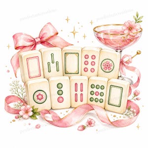May include: Watercolor illustration of Mahjong tiles, a cocktail, and pink ribbons. The tiles have green and pink accents. A pink bow and floral elements add to the decorative design. The image has a soft, feminine aesthetic.
