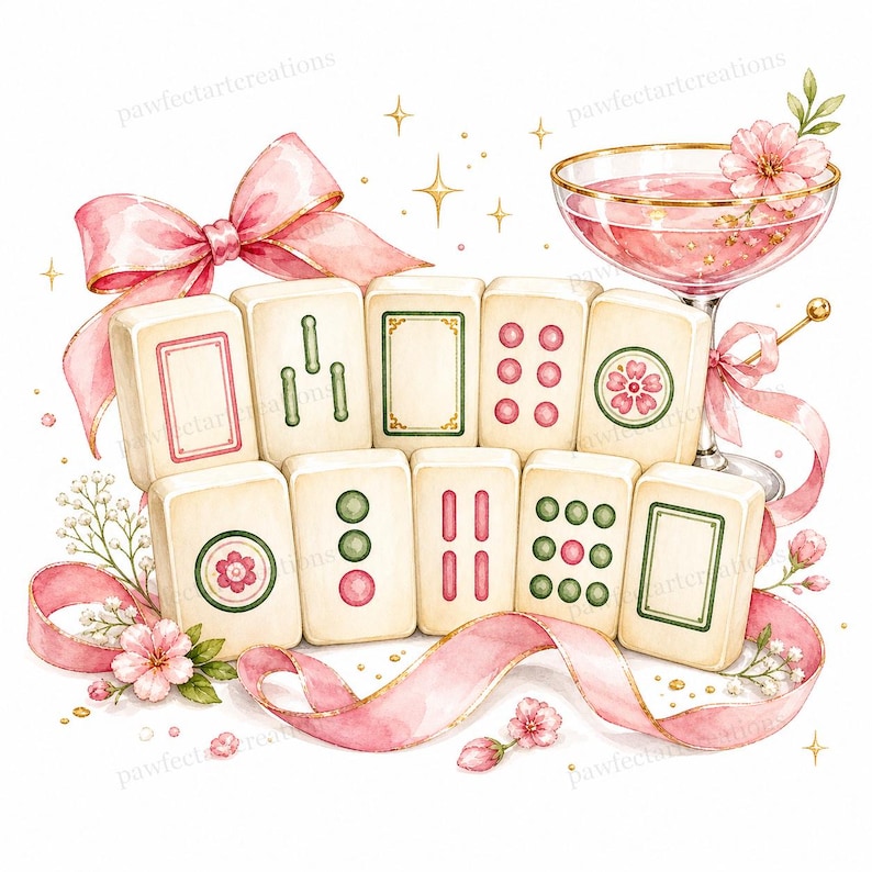 May include: Watercolor illustration of Mahjong tiles, a cocktail, and pink ribbons. The tiles have green and pink accents. A pink bow and floral elements add to the decorative design. The image has a soft, feminine aesthetic.