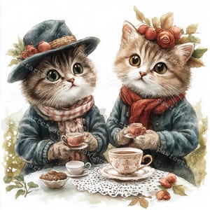 Lot de 10 cliparts élégant chat à l'heure du thé, chat vintage, aquarelle imprimable, fichiers JPG de haute qualité, créations en papier, journal indésirable, créations numériques