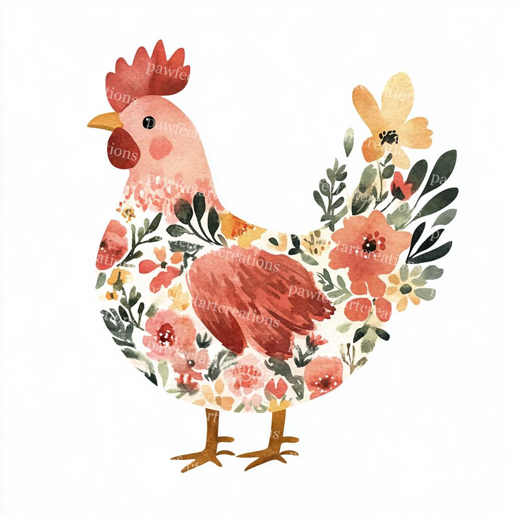 Floral Chicken Clipart: Cottagecore Watercolor Farm Animal Art (JPG Digital Download)