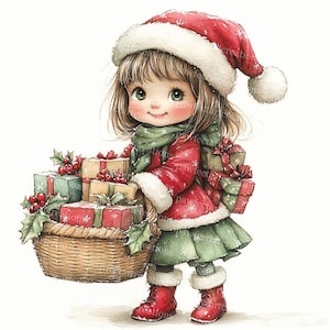 10 clipart fofos de garotas de Natal, garota usando chapéu de Papai Noel, cartão de Natal, aquarela para impressão, JPGs de alta qualidade, papelaria, diário de lixo