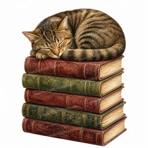 以下が含まれることがあります： 茶色の縞模様の猫が丸まって、5冊のヴィンテージ風の本の山の上で眠っています。本は赤と緑の革風の表紙が交互に重なっており、背表紙には金色の装飾が施され、ページはクリーム色をしています。
