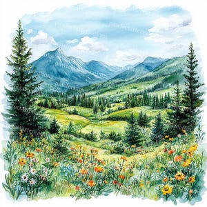 Watercolor Landscape Clipart: Summer Mountain Scene (Digital Download)