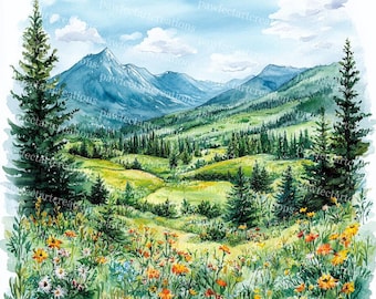 22 Aquarell Sommer Landschaft Clipart: Sommer Berg Szene (digitaler Download)