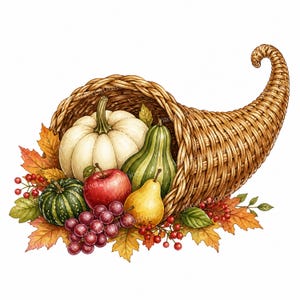 May include: A woven wicker cornucopia overflowing with a harvest assortment including a large white pumpkin, a green striped gourd, a small dark green pumpkin, a red apple, a yellow pear, purple grapes, red berries, and orange autumn leaves.
