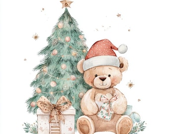 16 Christmas Teddy Bear Clipart, Christmas Art,Christmas Card, Printable Watercolor,High-Quality JPGs, Papercraft,Junk Journal,Digital Craft