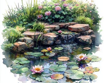 庭の池の水彩画クリップアート – 春の風景イラスト（デジタル