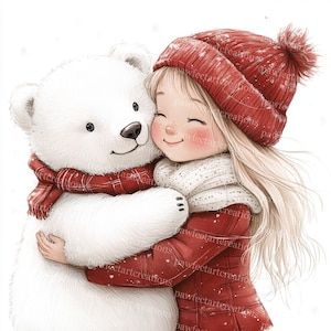 10 Clipart di ragazza carina con orso polare, bambina, carina, acquerello stampabile, JPG di alta qualità, carta, diario spazzatura, artigianato digitale