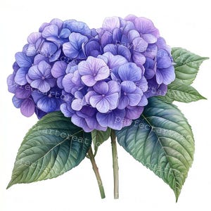 May include: A watercolour painting of a bouquet of purple hydrangeas with green leaves.